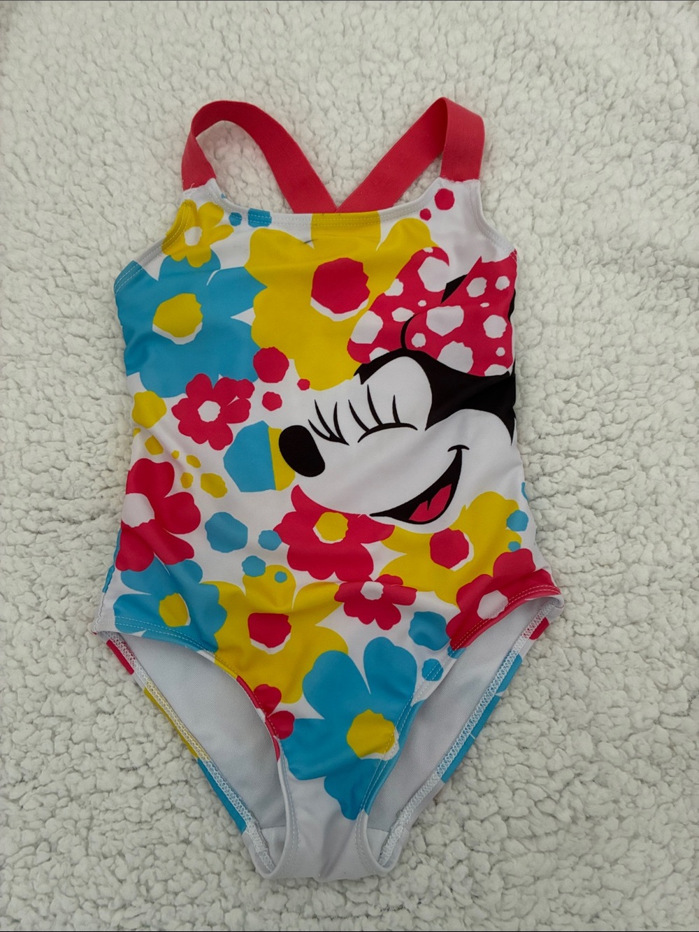 Girls Minnie Mouse Floral One-Piece Swimsuit in Pink, Yellow & Blue